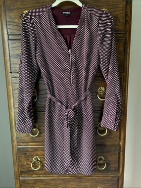 Express Burgundy and White Polka Dot Zip-Front Dress